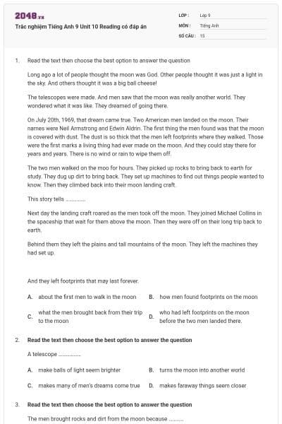 Trắc nghiệm Tiếng Anh 9 Unit 10 Reading có đáp án