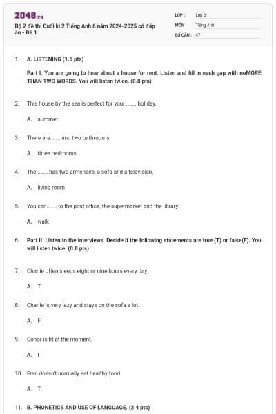 Bộ 2 đề thi Cuối kì 2 Tiếng Anh 6 năm 2024-2025 có đáp án - Đề 1
