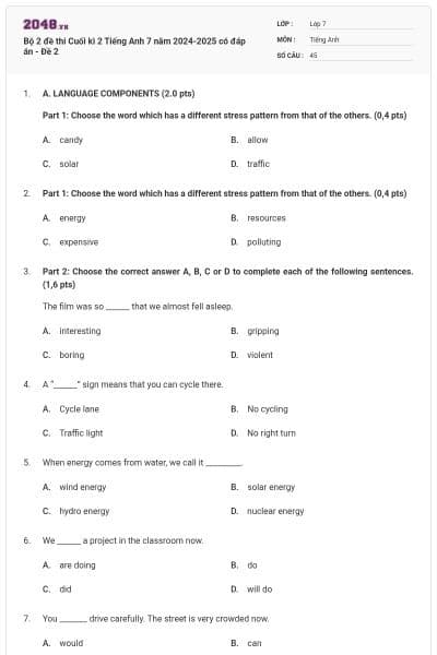 Bộ 2 đề thi Cuối kì 2 Tiếng Anh 7 năm 2024-2025 có đáp án - Đề 2