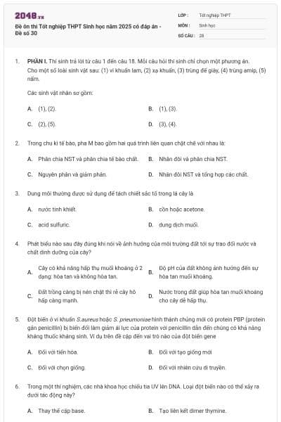 Đề ôn thi Tốt nghiệp THPT Sinh học năm 2025 có đáp án - Đề số 30