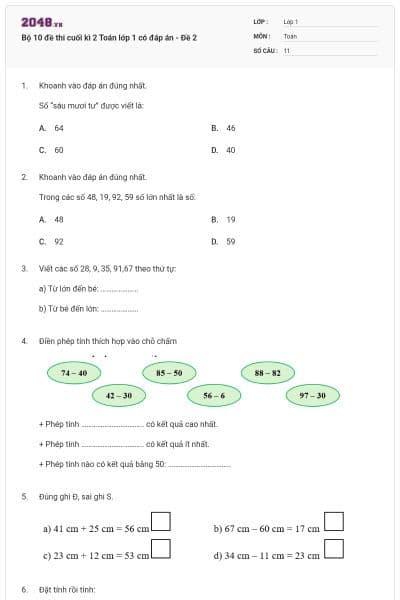 Bộ 10 đề thi cuối kì 2 Toán lớp 1 có đáp án - Đề 2