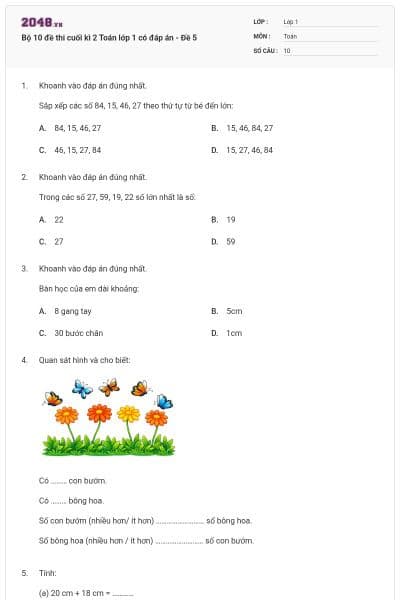 Bộ 10 đề thi cuối kì 2 Toán lớp 1 có đáp án - Đề 5