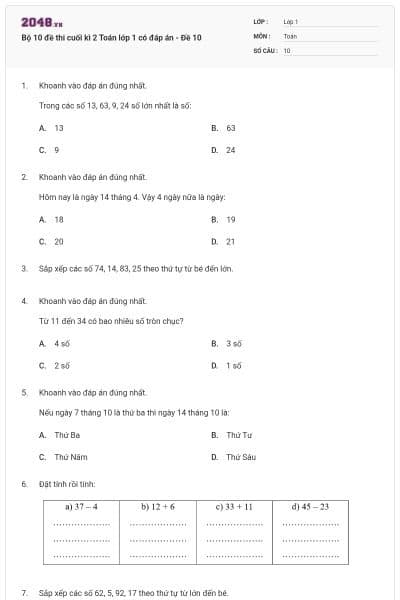 Bộ 10 đề thi cuối kì 2 Toán lớp 1 có đáp án - Đề 10