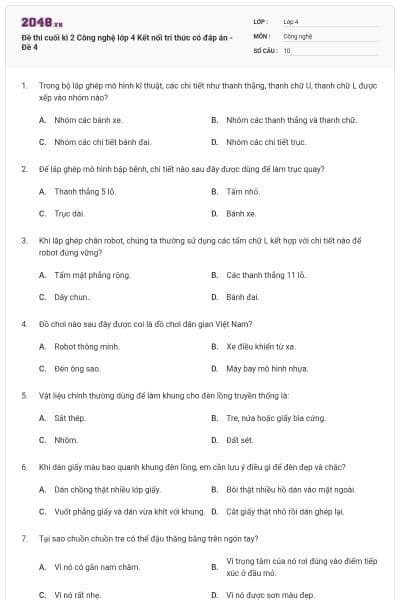 Đề thi cuối kì 2 Công nghệ lớp 4 Kết nối tri thức có đáp án - Đề 4