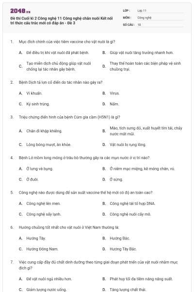 Đề thi Cuối kì 2 Công nghệ 11 Công nghệ chăn nuôi Kết nối tri thức cấu trúc mới có đáp án - Đề 3