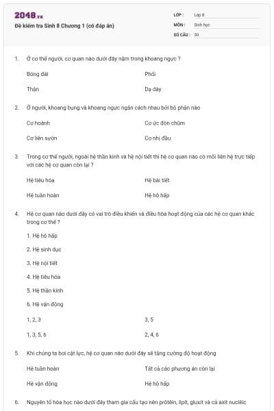 Đề kiểm tra Sinh 8 Chương 1 (có đáp án)