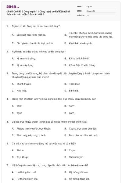 Đề thi Cuối kì 2 Công nghệ 11 Công nghệ cơ khí Kết nối tri thức cấu trúc mới có đáp án - Đề 1