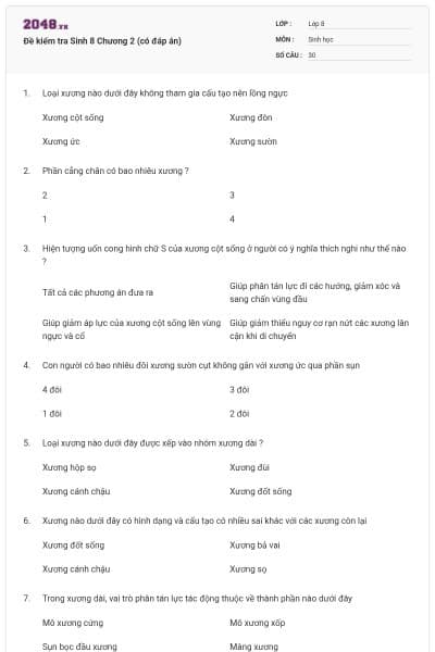 Đề kiểm tra Sinh 8 Chương 2 (có đáp án)