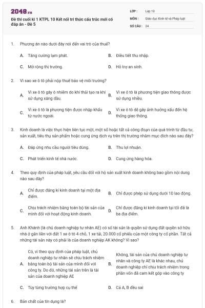 Đề thi cuối kì 1 KTPL 10 Kết nối tri thức cấu trúc mới có đáp án - Đề 5
