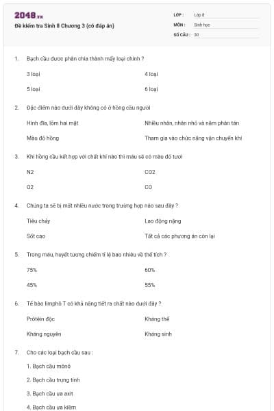 Đề kiểm tra Sinh 8 Chương 3 (có đáp án)