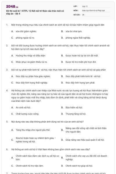 Đề thi cuối kì 1 KTPL 12 Kết nối tri thức cấu trúc mới có đáp án - Đề 4