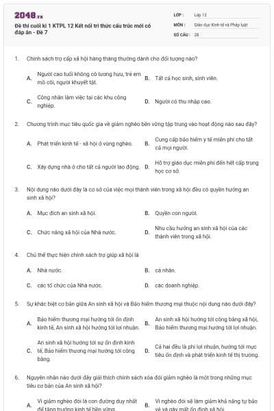 Đề thi cuối kì 1 KTPL 12 Kết nối tri thức cấu trúc mới có đáp án - Đề 7