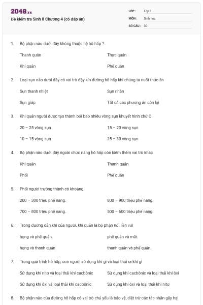 Đề kiểm tra Sinh 8 Chương 4 (có đáp án)