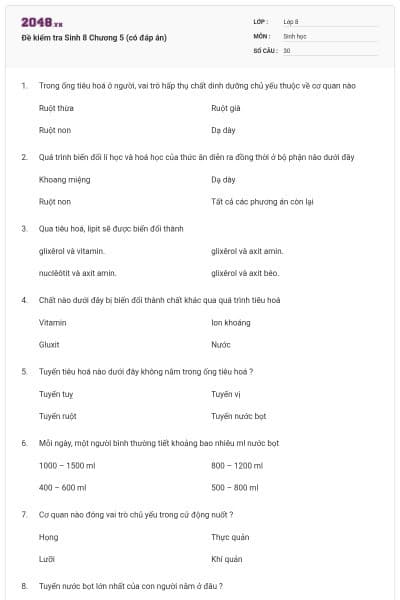 Đề kiểm tra Sinh 8 Chương 5 (có đáp án)