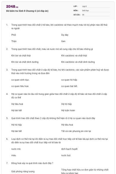Đề kiểm tra Sinh 8 Chương 6 (có đáp án)