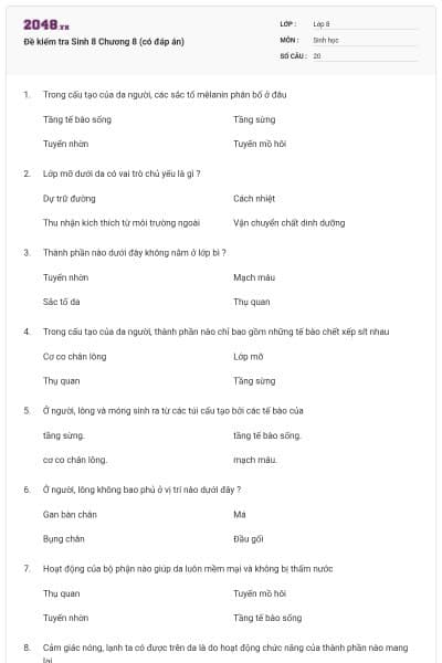Đề kiểm tra Sinh 8 Chương 8 (có đáp án)