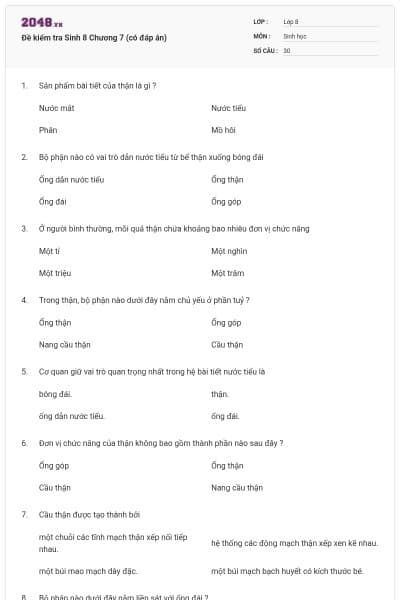 Đề kiểm tra Sinh 8 Chương 7 (có đáp án)