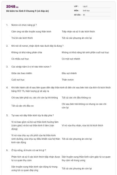 Đề kiểm tra Sinh 8 Chương 9 (có đáp án)