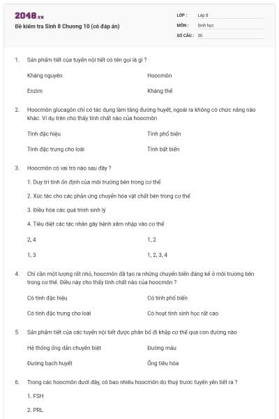 Đề kiểm tra Sinh 8 Chương 10 (có đáp án)
