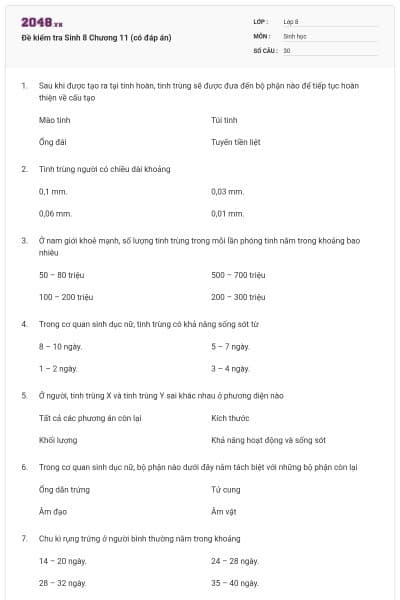 Đề kiểm tra Sinh 8 Chương 11 (có đáp án)