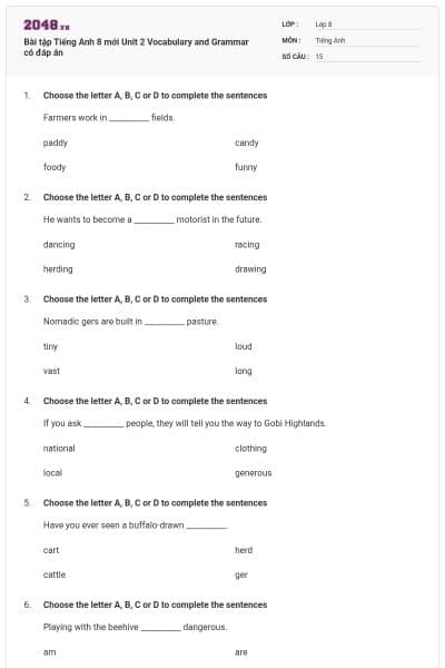 Bài tập Tiếng Anh 8 mới Unit 2 Vocabulary and Grammar có đáp án