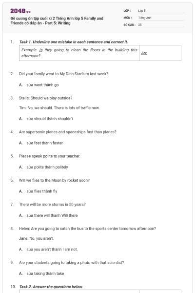 Đề cương ôn tập cuối kì 2 Tiếng Anh lớp 5 Family and Friends có đáp án - Part 5: Writing