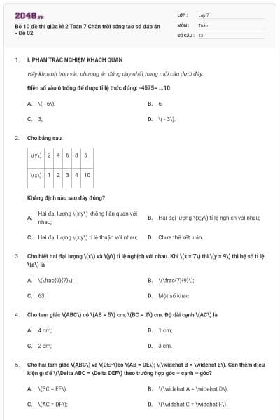 Bộ 10 đề thi giữa kì 2 Toán 7 Chân trời sáng tạo có đáp án - Đề 02