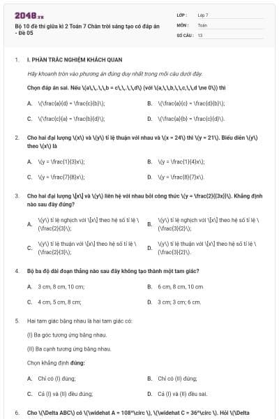 Bộ 10 đề thi giữa kì 2 Toán 7 Chân trời sáng tạo có đáp án - Đề 05