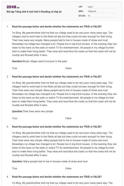Bài tập Tiếng Anh 8 mới Unit 2 Reading có đáp án