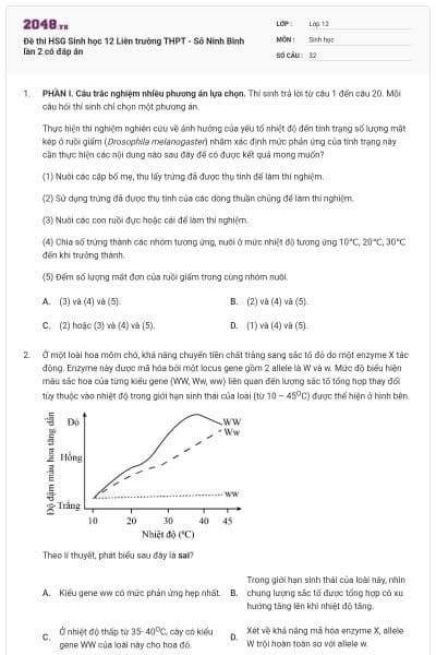 Đề thi HSG Sinh học 12 Liên trường THPT - Sở Ninh Bình lần 2 có đáp án