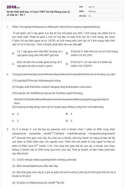 Đề thi HSG Sinh học 12 Cụm THPT Sở Hải Phòng (Lần 3) có đáp án - Đề 1