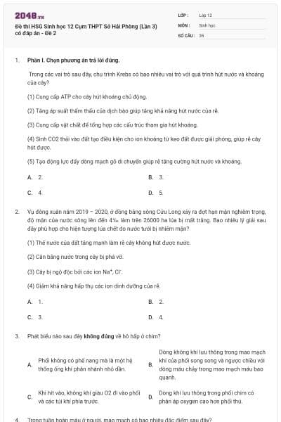 Đề thi HSG Sinh học 12 Cụm THPT Sở Hải Phòng (Lần 3) có đáp án - Đề 2