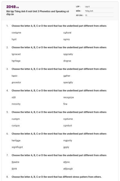 Bài tập Tiếng Anh 8 mới Unit 3 Phonetics and Speaking có đáp án