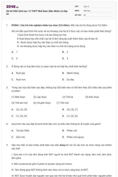 Đề thi HSG Sinh học 12 THPT Nhã Nam (Bắc Ninh) có đáp án