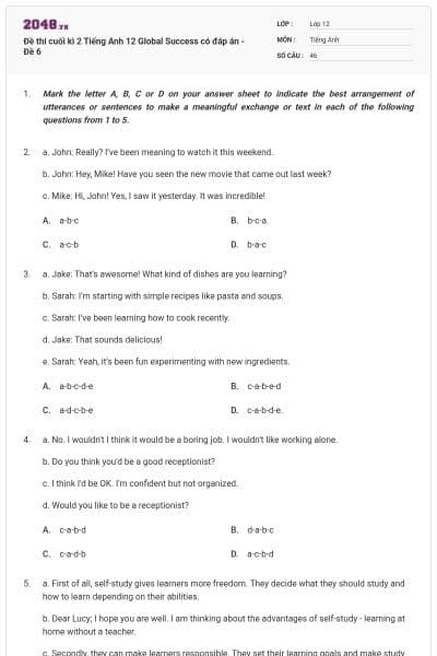 Đề thi cuối kì 2 Tiếng Anh 12 Global Success có đáp án - Đề 6