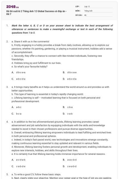 Đề thi cuối kì 2 Tiếng Anh 12 Global Success có đáp án - Đề 7
