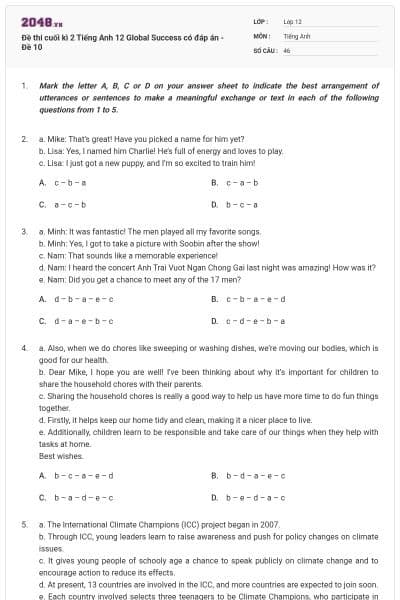 Đề thi cuối kì 2 Tiếng Anh 12 Global Success có đáp án - Đề 10