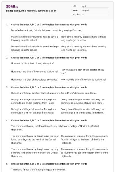 Bài tập Tiếng Anh 8 mới Unit 3 Writing có đáp án