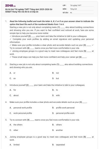 Đề thi thử Tốt nghiệp THPT Tiếng Anh 2025-2026 Sở GD&ĐT Hưng Yên mã đề lẻ có đáp án