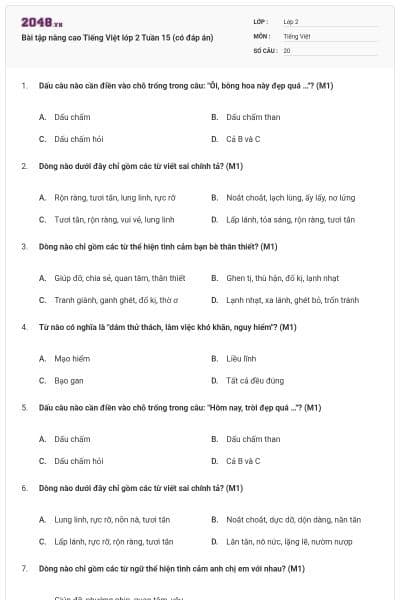 Bài tập nâng cao Tiếng Việt lớp 2 Tuần 15 (có đáp án)