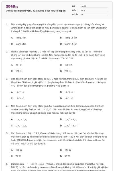 30 câu trắc nghiệm Vật Lí 12 Chương 3 cực hay, có đáp án