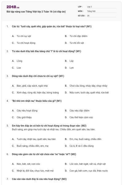 Bài tập nâng cao Tiếng Việt lớp 2 Tuần 16 (có đáp án)