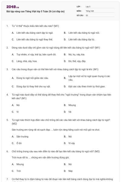 Bài tập nâng cao Tiếng Việt lớp 5 Tuần 26 (có đáp án)