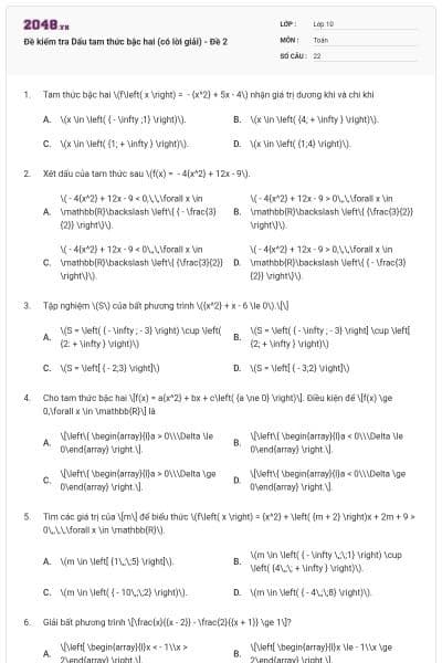 Đề kiểm tra Dấu tam thức bậc hai (có lời giải) - Đề 2