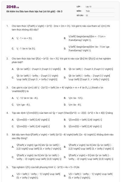 Đề kiểm tra Dấu tam thức bậc hai (có lời giải) - Đề 3