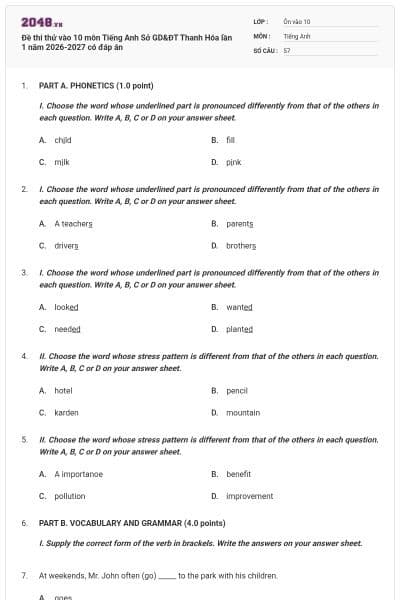 Đề thi thử vào 10 môn Tiếng Anh Sở GD&ĐT Thanh Hóa lần 1 năm 2026-2027 có đáp án