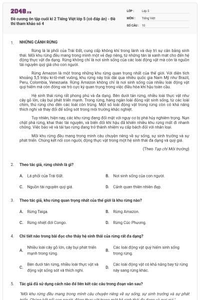 Đề cương ôn tập cuối kì 2 Tiếng Việt lớp 5 (có đáp án) - Đề thi tham khảo số 4