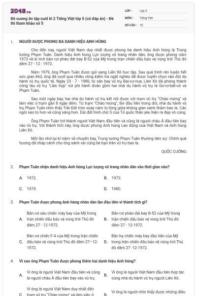 Đề cương ôn tập cuối kì 2 Tiếng Việt lớp 5 (có đáp án) - Đề thi tham khảo số 5