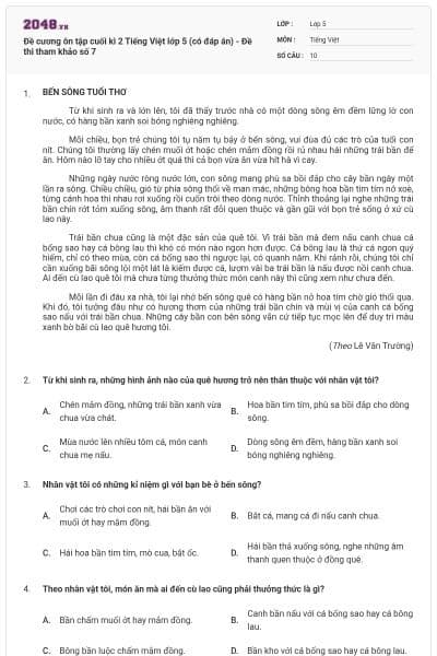Đề cương ôn tập cuối kì 2 Tiếng Việt lớp 5 (có đáp án) - Đề thi tham khảo số 7