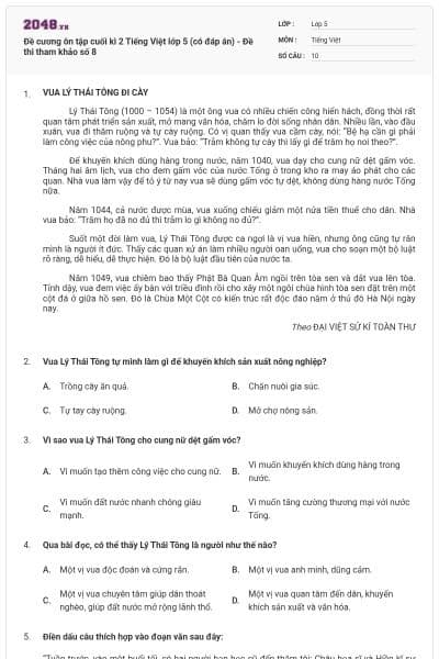 Đề cương ôn tập cuối kì 2 Tiếng Việt lớp 5 (có đáp án) - Đề thi tham khảo số 8